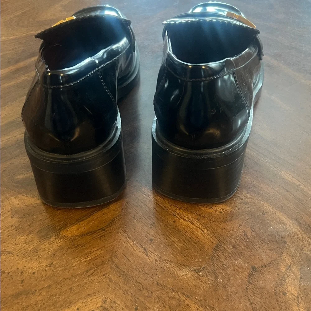 Franco Sarto Glossy Black Loafers with Gold Detail - Picture 5 of 9